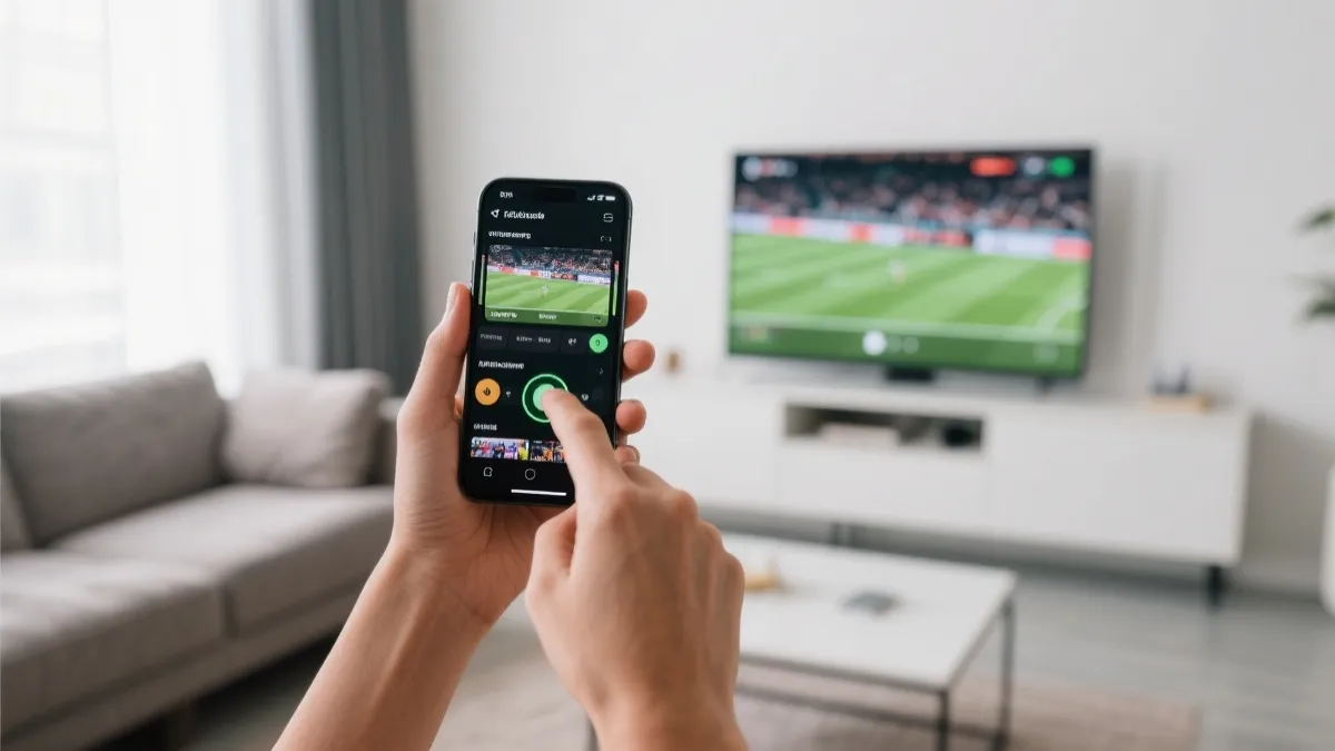 手机投屏到电视观看体育比赛的操作场景示意