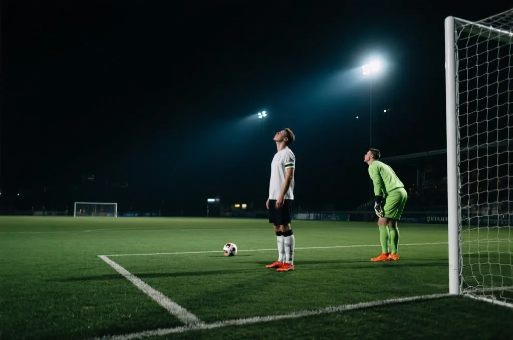 球员在点球点前深呼吸准备主罚的瞬间